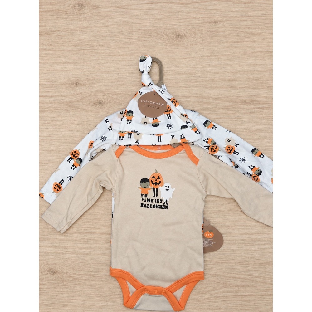 Chickpea Baby My 1st Halloween 3 Piece Bodysuit Hat Set 3-6M Orange Tan White
